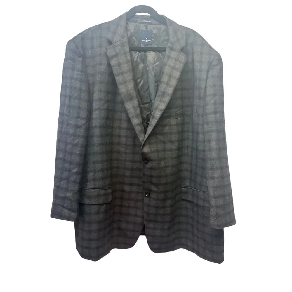 Daniel Hechter Paris Mens 56R Blue Grey Plaid Wool Blend Blazer Sport Coat